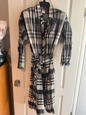 Black & White Plaid Button-Down Shirt Dress with Waist Tie
